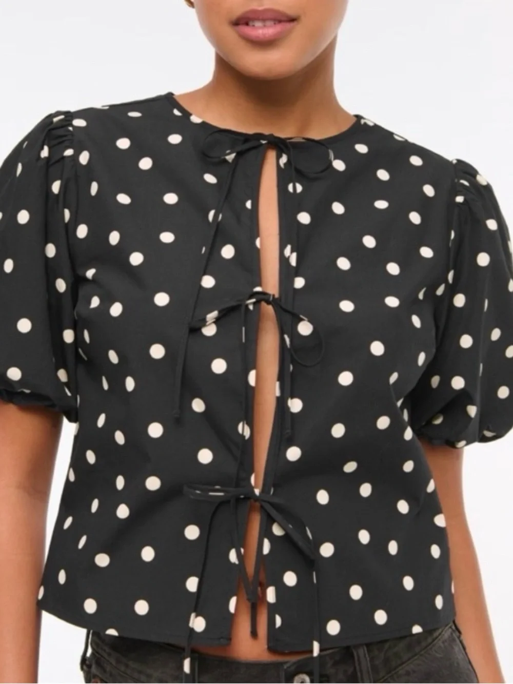 Abercrombie Polka Dot Tie-Front Blouse - Black/White